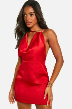 Cami Dresses*boohoo Satin Cowl Front Mini Dress red