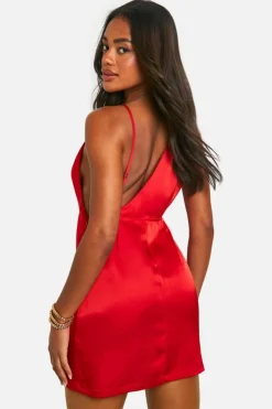 Cami Dresses*boohoo Satin Cowl Front Mini Dress red