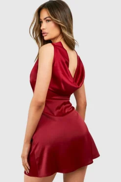 Cami Dresses*boohoo Satin Cowl Mini Dress cherry