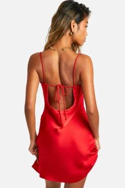 Cami Dresses|Mini Dresses*boohoo Satin Cowl Mini Slip Dress red