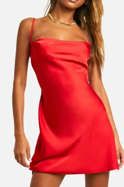 Cami Dresses|Mini Dresses*boohoo Satin Cowl Mini Slip Dress red