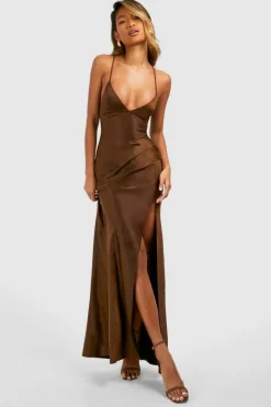 Cami Dresses*boohoo Satin Cross Back Maxi Slip Dress chocolate
