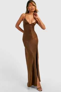 Cami Dresses*boohoo Satin Cross Back Maxi Slip Dress chocolate