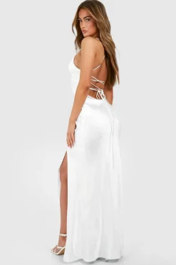 Cami Dresses*boohoo Satin Cross Back Maxi Slip Dress ivory