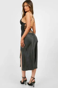Cami Dresses*boohoo Satin Cross Back Midi Slip Dress black