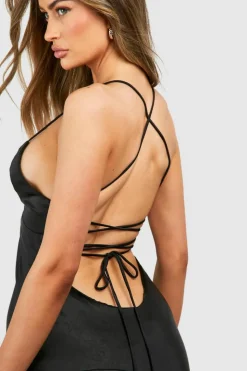 Cami Dresses*boohoo Satin Cross Back Midi Slip Dress black