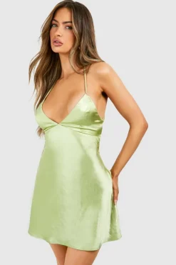 Cami Dresses*boohoo Satin Cross Back Mini Slip Dress green
