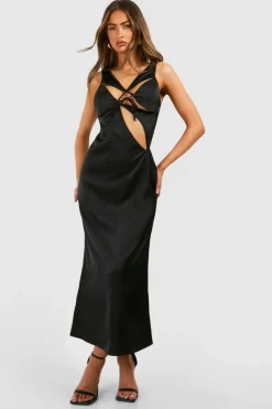 Cami Dresses*boohoo Satin Cut Out Midaxi Slip Dress black