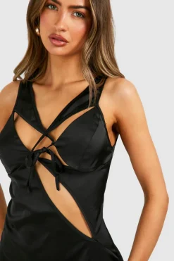 Cami Dresses*boohoo Satin Cut Out Midaxi Slip Dress black