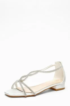 Sandals*Quiz Satin Diamante T-Strap Flat Sandals White