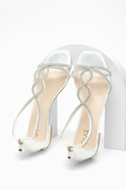 Sandals*Quiz Satin Diamante T-Strap Flat Sandals White