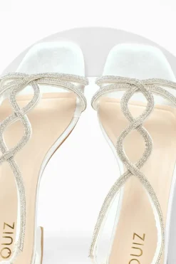 Sandals*Quiz Satin Diamante T-Strap Flat Sandals White