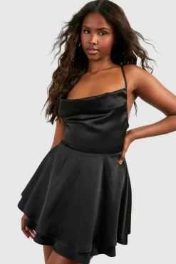 Skater Dresses*boohoo Satin Double Hem Skater Dress black