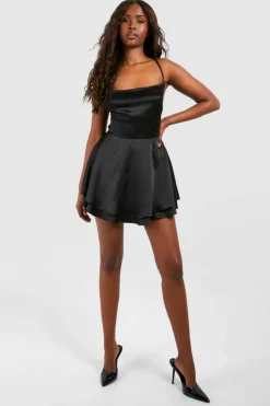 Skater Dresses*boohoo Satin Double Hem Skater Dress black