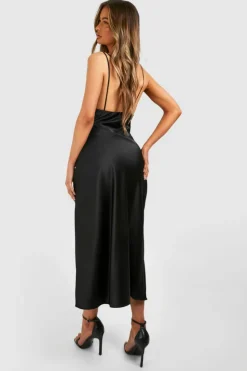 Cami Dresses*boohoo Satin Double Strap Midaxi Dress black