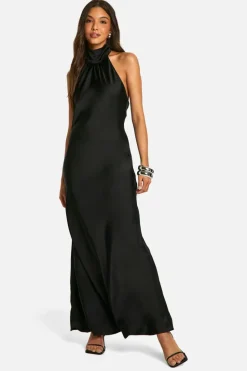 Cami Dresses*boohoo Satin Drape Maxi Dress black