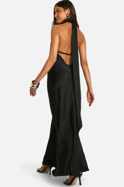 Cami Dresses*boohoo Satin Drape Maxi Dress black