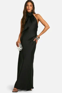 Cami Dresses*boohoo Satin Drape Maxi Dress black