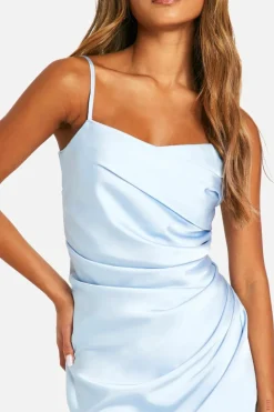 Cami Dresses*boohoo Satin Draped Mini Slip Dress pale blue