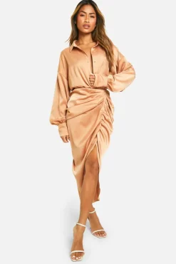 Shirt Dresses*boohoo Satin Draped Shirt Dress gold