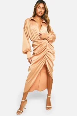 Shirt Dresses*boohoo Satin Draped Shirt Dress gold