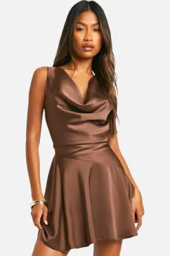 Skater Dresses|Mini Dresses*boohoo Satin Dropped Waist Mini Dress chocolate