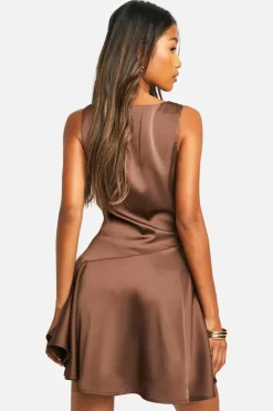 Skater Dresses|Mini Dresses*boohoo Satin Dropped Waist Mini Dress chocolate