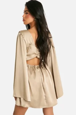Skater Dresses*boohoo Satin Extreme Flare Sleeve Skater Dress champagne