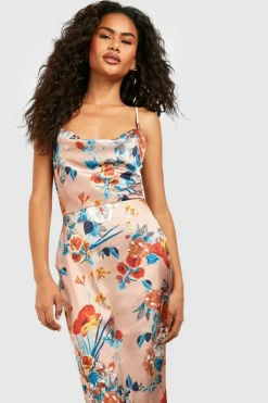 Cami Dresses|Bodycon Dresses*boohoo Satin Floral Cowl Flute Hem Slip Dress gold