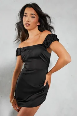 A Line Dresses*MissPap Satin Frill Sleeve Bardot Mini Dress black