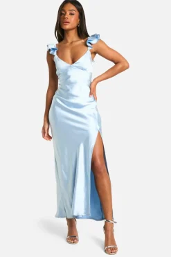 Cami Dresses*boohoo Satin Frill Sleeve Split Maxi Dress blue