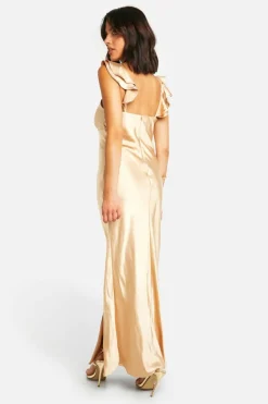 Cami Dresses*boohoo Satin Frill Sleeve Split Maxi Dress champagne