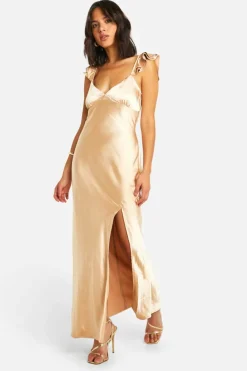 Cami Dresses*boohoo Satin Frill Sleeve Split Maxi Dress champagne