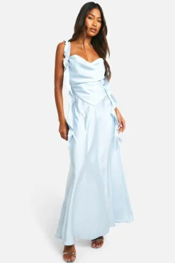 Cami Dresses*boohoo Satin Frill Strap Maxi Dress pale blue