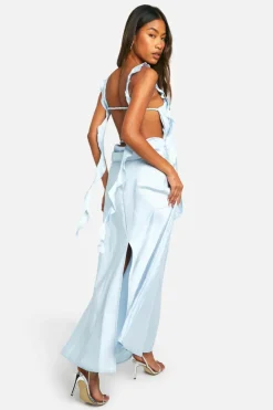 Cami Dresses*boohoo Satin Frill Strap Maxi Dress pale blue