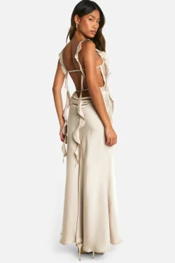 Cami Dresses*boohoo Satin Frill Strap Maxi Dress champagne