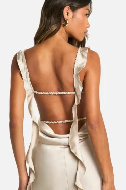Cami Dresses*boohoo Satin Frill Strap Maxi Dress champagne