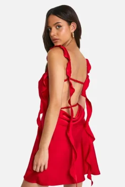 Cami Dresses*boohoo Satin Frill Strap Mini Dress red