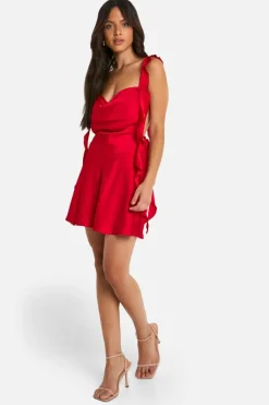 Cami Dresses*boohoo Satin Frill Strap Mini Dress red