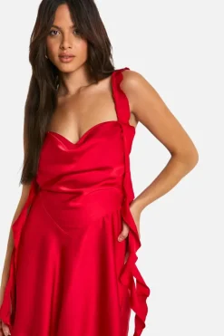 Cami Dresses*boohoo Satin Frill Strap Mini Dress red