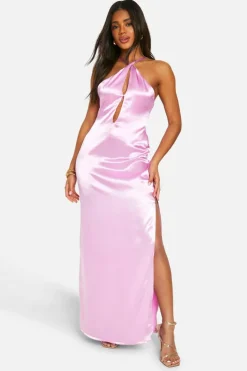 Cami Dresses*boohoo Satin Halter Cut Out Slip Maxi Dress pink