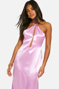 Cami Dresses*boohoo Satin Halter Cut Out Slip Maxi Dress pink