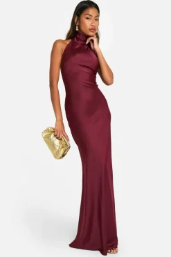 Maxi Dresses*boohoo Satin Halterneck Maxi Dress wine