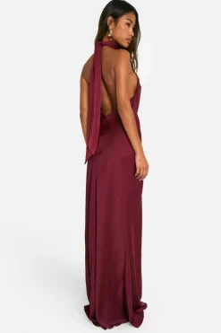 Maxi Dresses*boohoo Satin Halterneck Maxi Dress wine