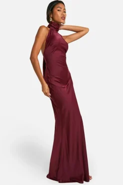 Maxi Dresses*boohoo Satin Halterneck Maxi Dress wine