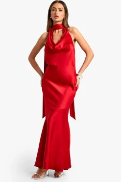 Maxi Dresses|Dresses*boohoo Satin Halterneck Maxi Dress red