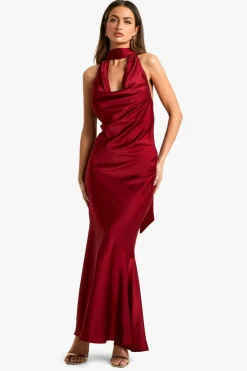 Maxi Dresses|Dresses*boohoo Satin Halterneck Maxi Dress berry