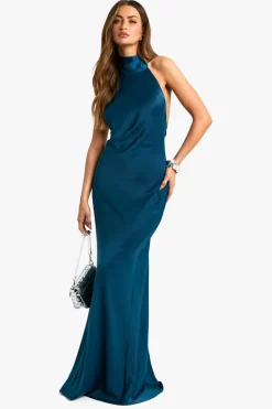 Maxi Dresses*boohoo Satin Halterneck Maxi Dress teal