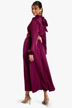 Smock Dresses|Long Sleeve Dresses*boohoo Satin High Neck Midaxi Dress plum