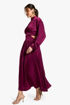 Smock Dresses|Long Sleeve Dresses*boohoo Satin High Neck Midaxi Dress plum